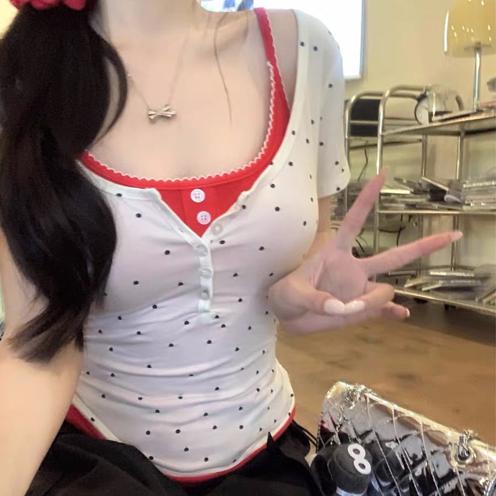 Lightweight Polka Dot Suspender Suit with Short Sleeve T Shirt for Women
