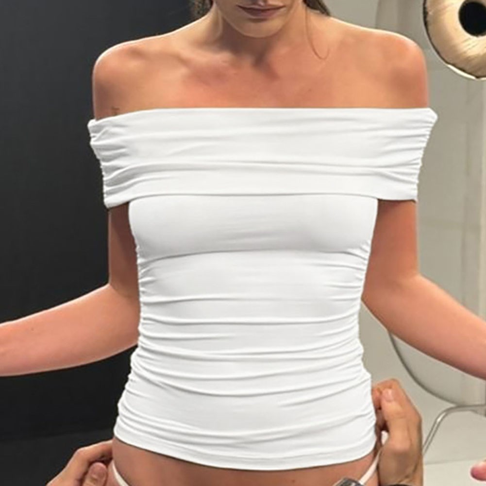 Women Slim Off Shoulder Short Sleeve Top Casual Summer Wear Black White - Picture 15 of 39