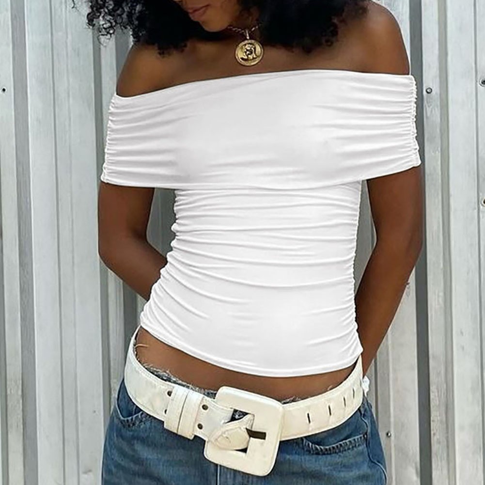 Women Slim Off Shoulder Short Sleeve Top Casual Summer Wear Black White - Picture 21 of 39