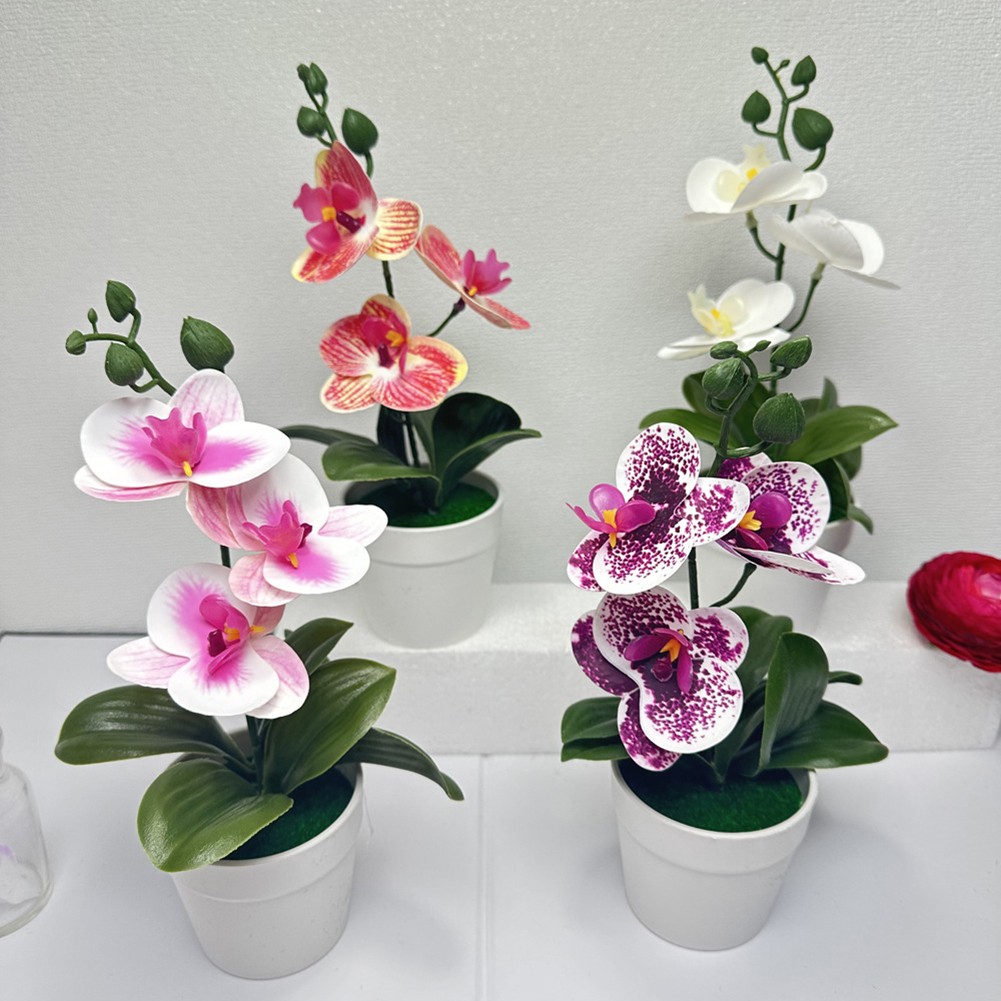 Bonsai realista de tres hojas Phalaenopsis película 3D flor falsa para decoración del hogar - Imagen 13 de 42
