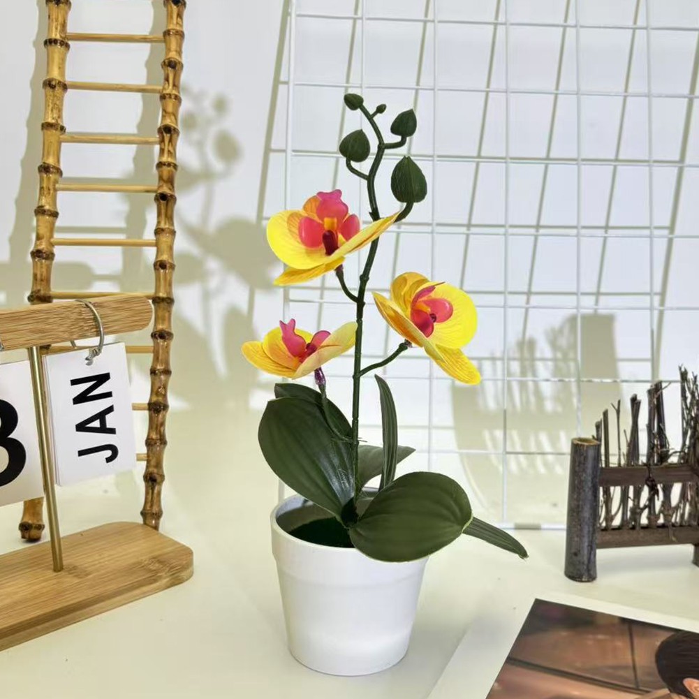 Bonsai realista de tres hojas Phalaenopsis película 3D flor falsa para decoración del hogar - Imagen 36 de 42