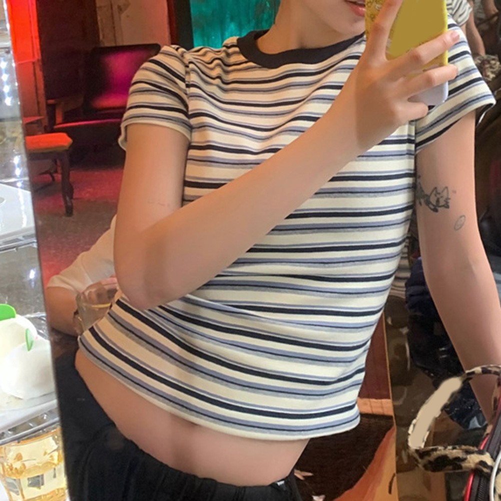 Attractive Women's Summer Retro Stripes T Shirt with Short Sleeves for Looks - Picture 10 of 13
