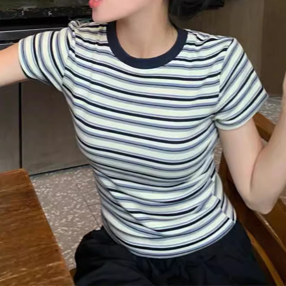Attractive Women's Summer Retro Stripes T Shirt with Short Sleeves for Looks - Picture 9 of 13