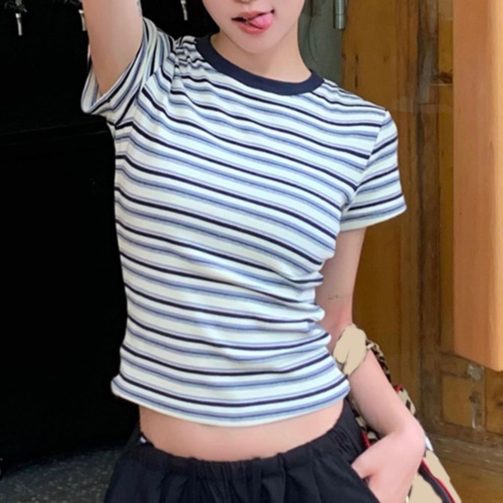 Attractive Women's Summer Retro Stripes T Shirt with Short Sleeves for Looks - Picture 12 of 13