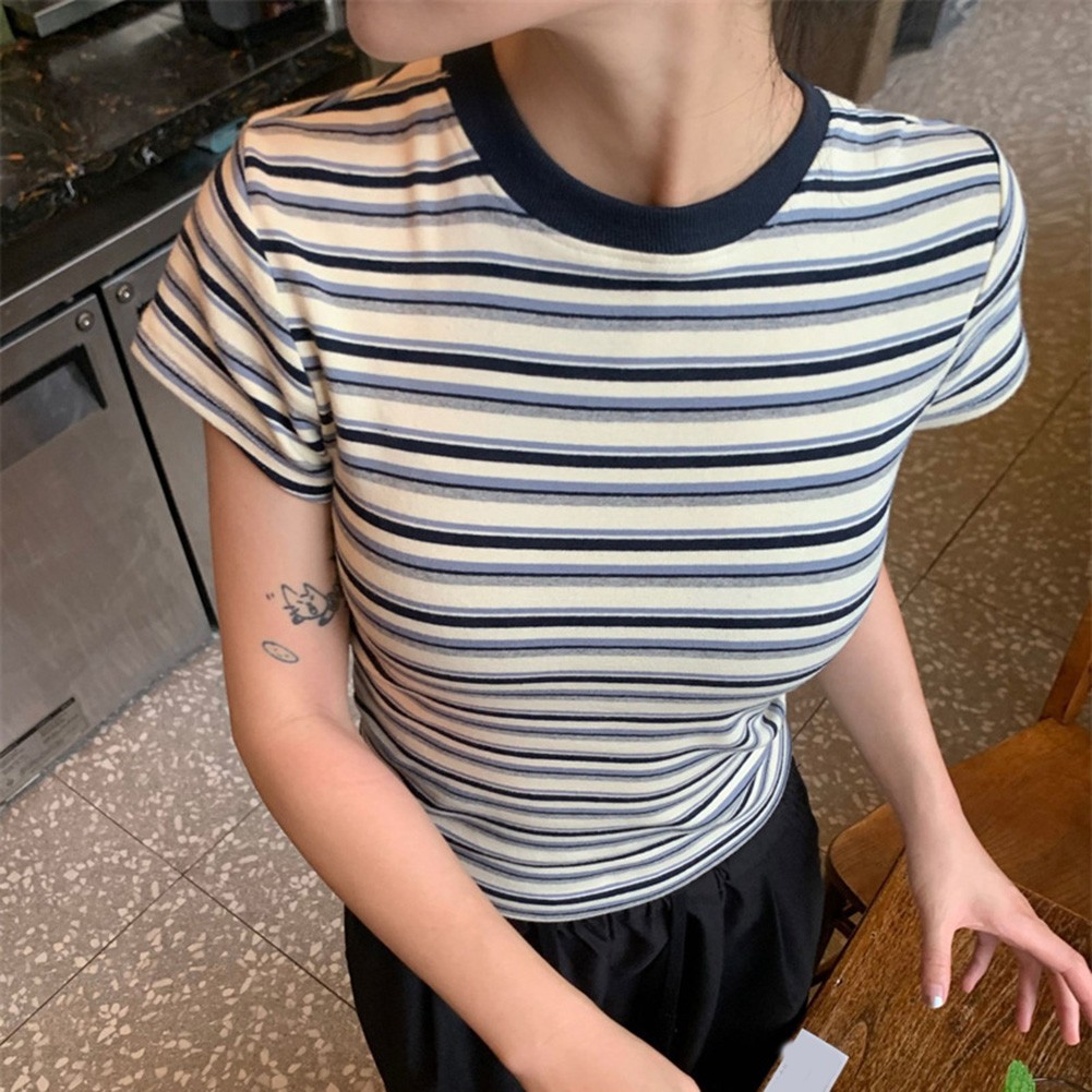 Attractive Women's Summer Retro Stripes T Shirt with Short Sleeves for Looks - Picture 11 of 13