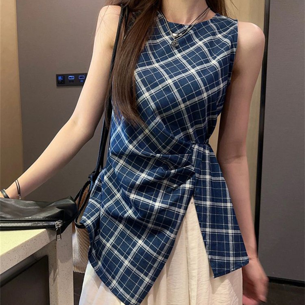 Casual Outing Blue Plaid Top Casual Summer Wear Lattice Pattern Polyester Fabric - Picture 14 of 36