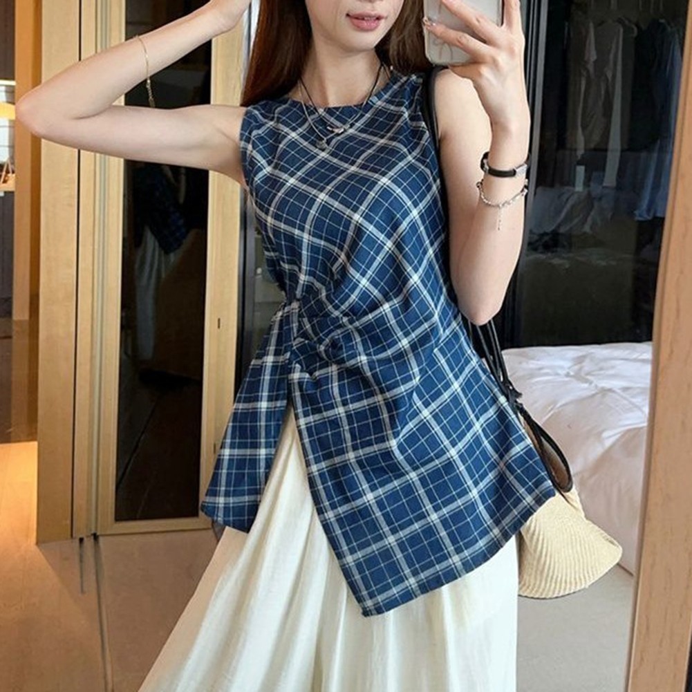 Casual Outing Blue Plaid Top Casual Summer Wear Lattice Pattern Polyester Fabric - Picture 13 of 36