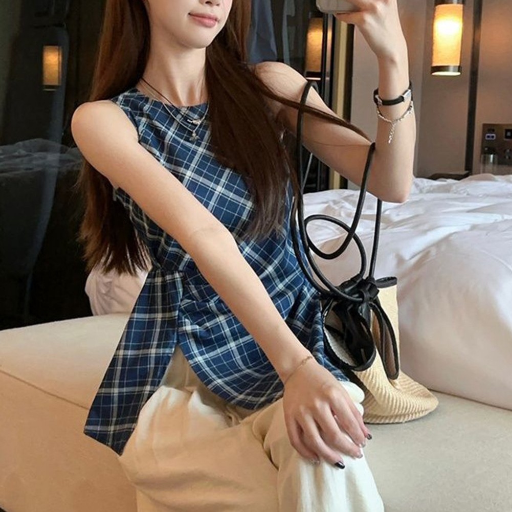 Casual Outing Blue Plaid Top Casual Summer Wear Lattice Pattern Polyester Fabric - Picture 16 of 36