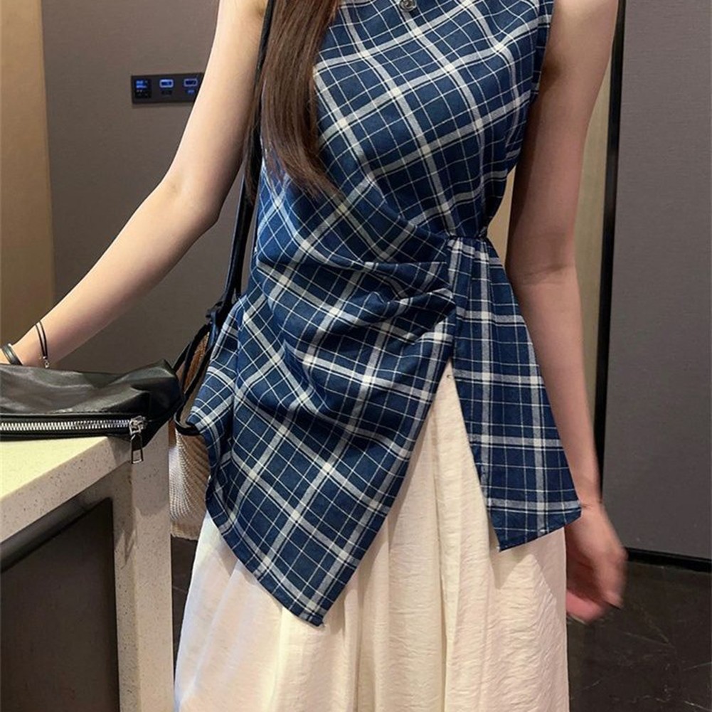 Casual Outing Blue Plaid Top Casual Summer Wear Lattice Pattern Polyester Fabric - Picture 15 of 36