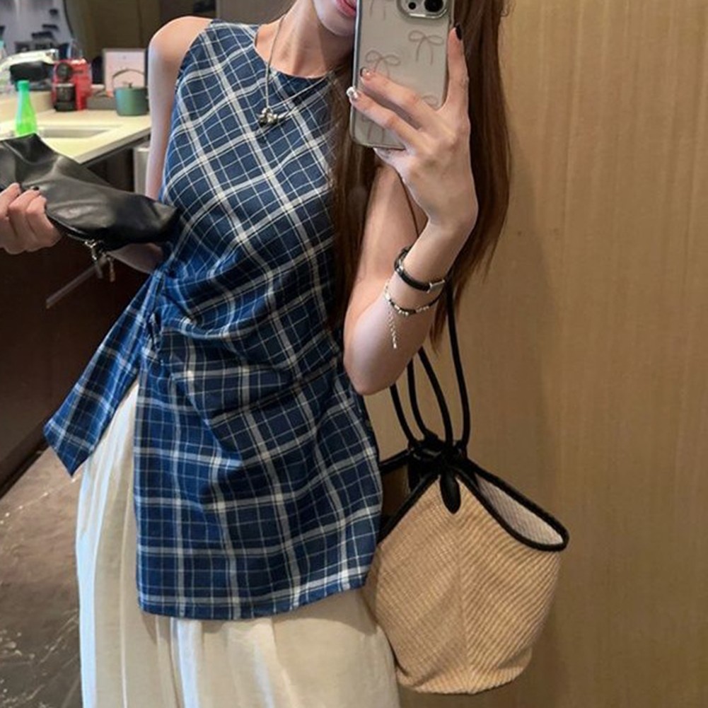 Casual Outing Blue Plaid Top Casual Summer Wear Lattice Pattern Polyester Fabric - Picture 18 of 36