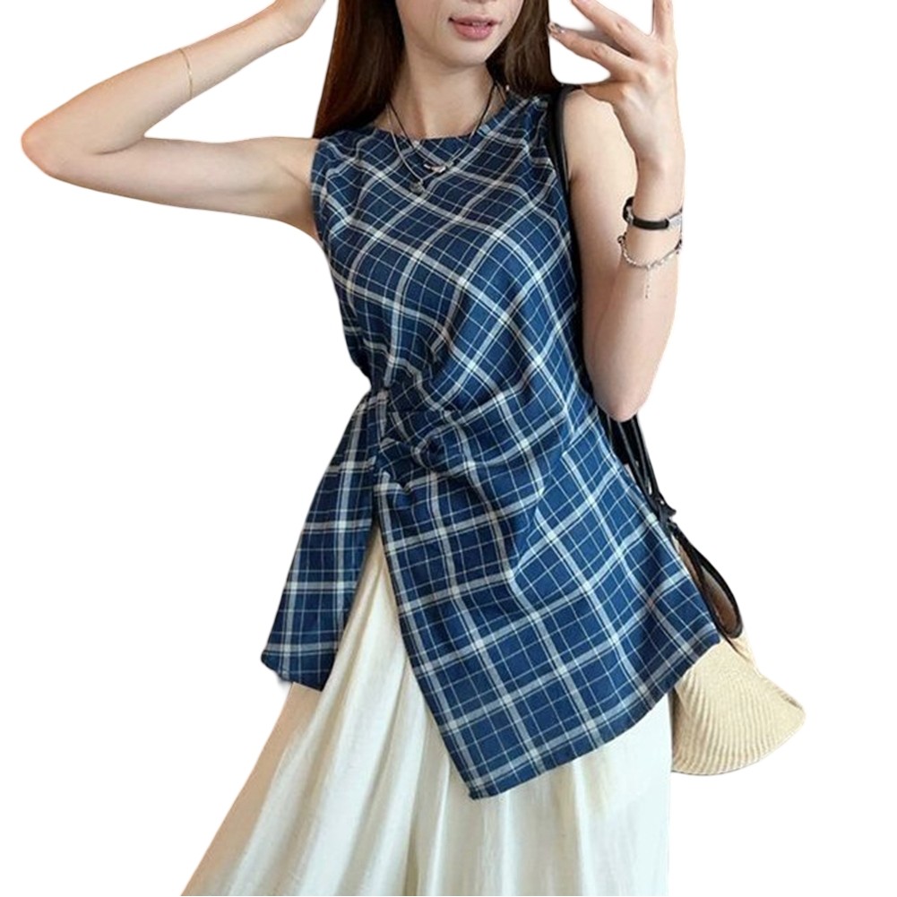 Casual Outing Blue Plaid Top Casual Summer Wear Lattice Pattern Polyester Fabric - Picture 17 of 36