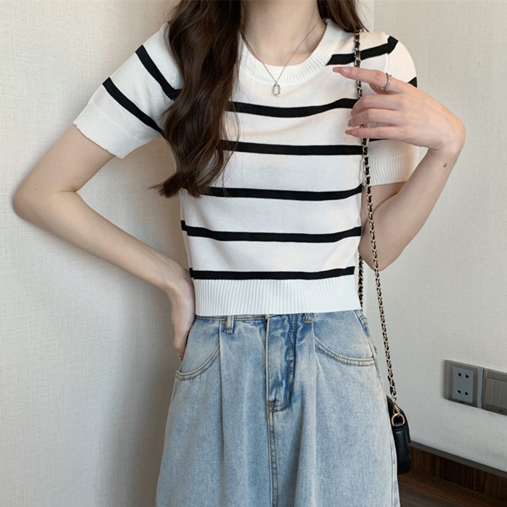 Summer Striped Slim Fit Short Sleeve TShirt for Women Casual Fashion Top