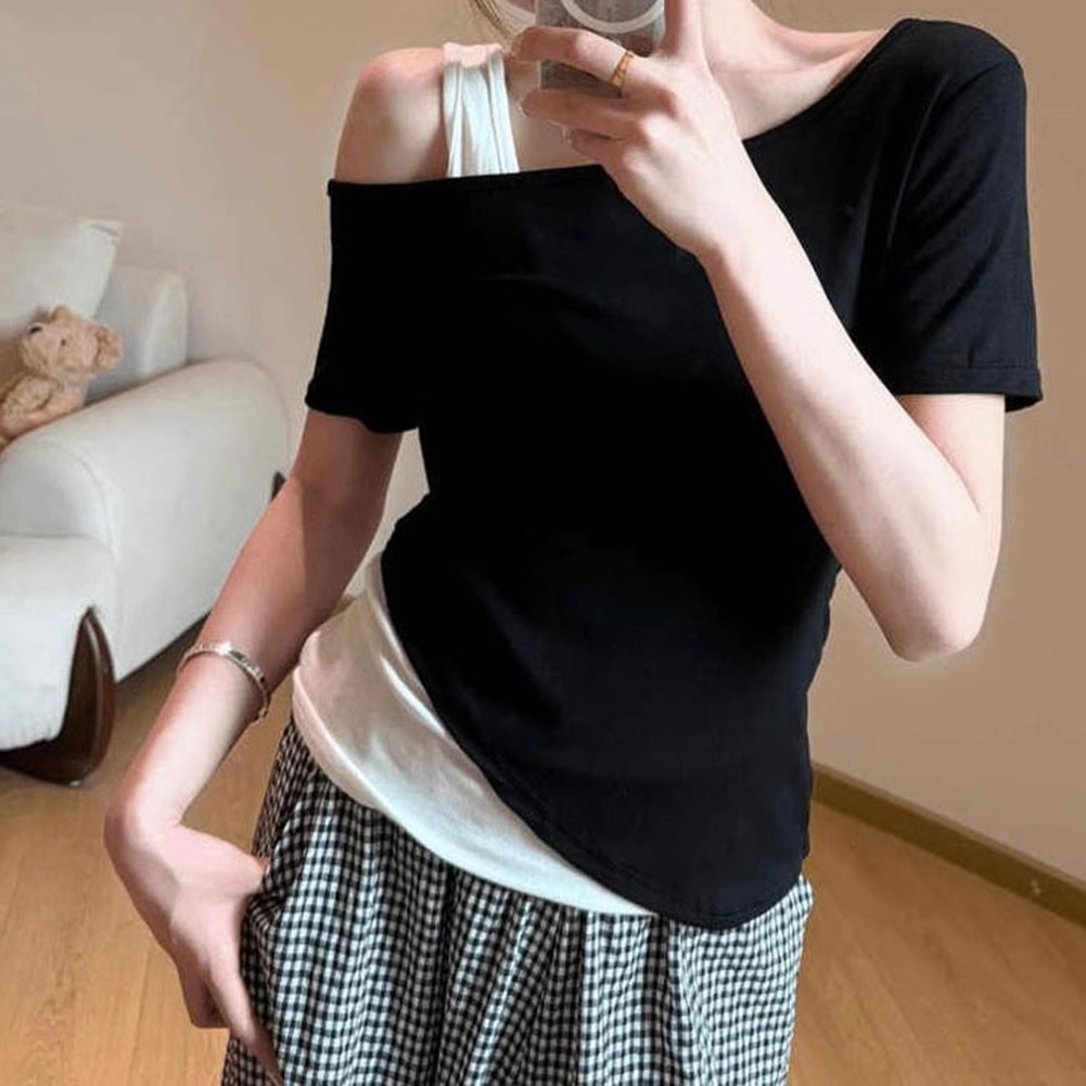 Unique Womens Off Shoulder T Shirt for Summer with Color Block Patterns - Picture 13 of 18