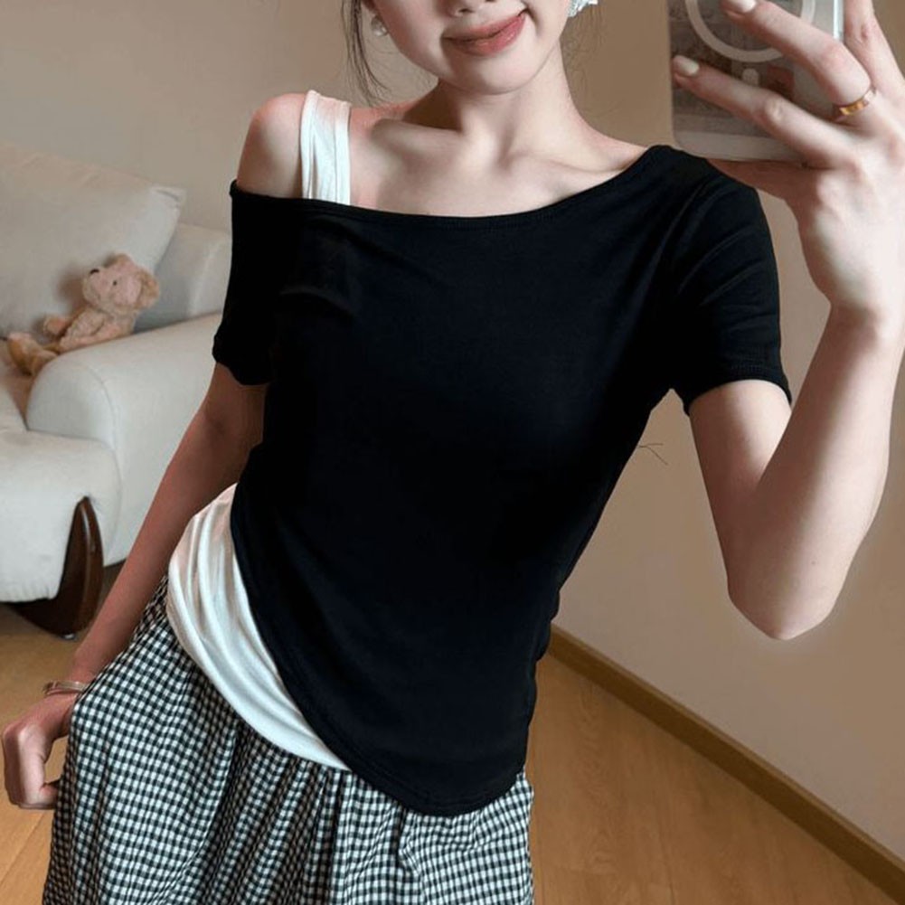 Unique Womens Off Shoulder T Shirt for Summer with Color Block Patterns - Picture 14 of 18