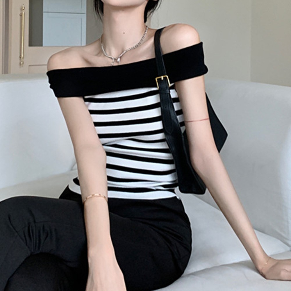 Chic Women Striped Slim Fit T Shirt with Off Shoulder Design for Casual Wear - Picture 25 of 36