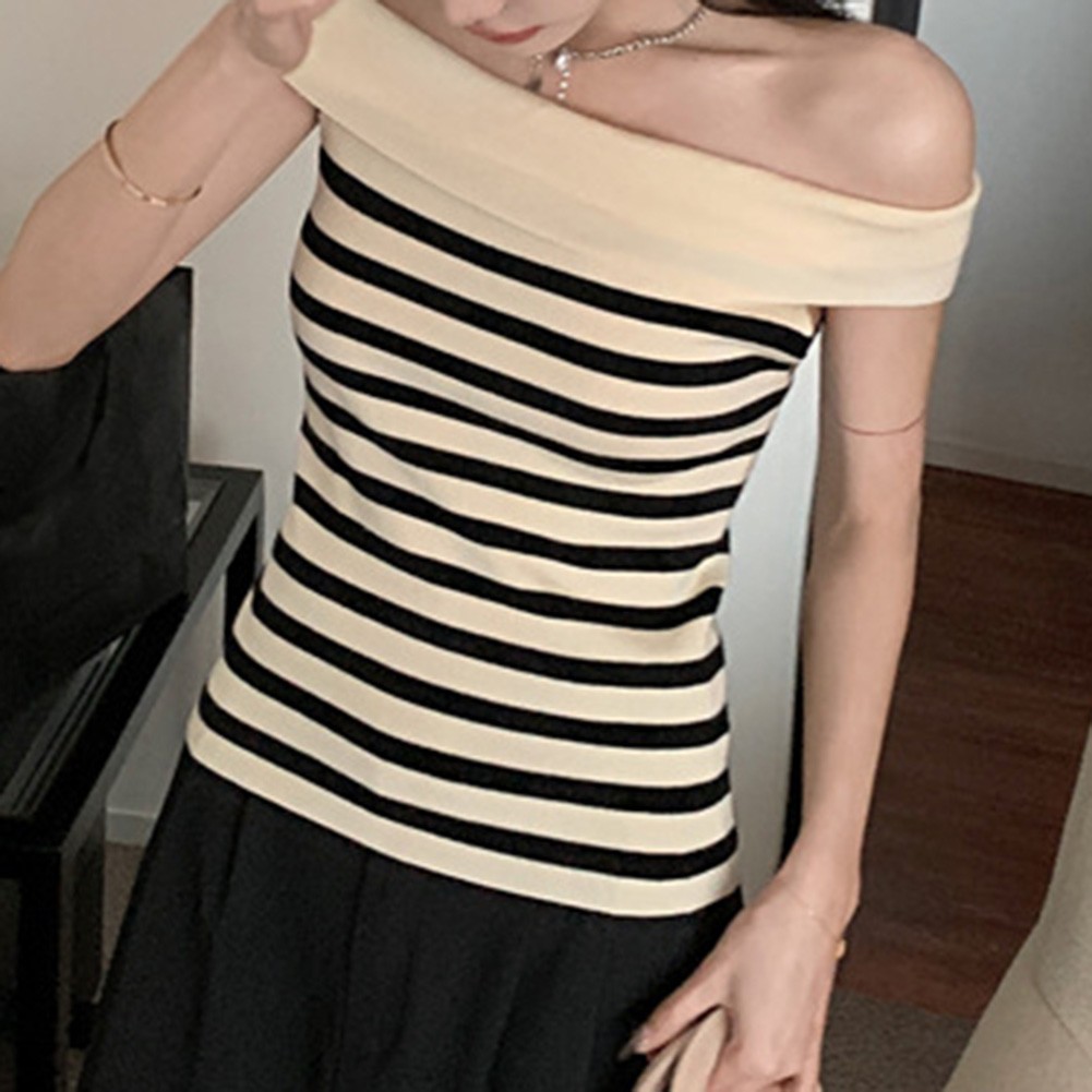 Chic Women Striped Slim Fit T Shirt with Off Shoulder Design for Casual Wear - Picture 35 of 36