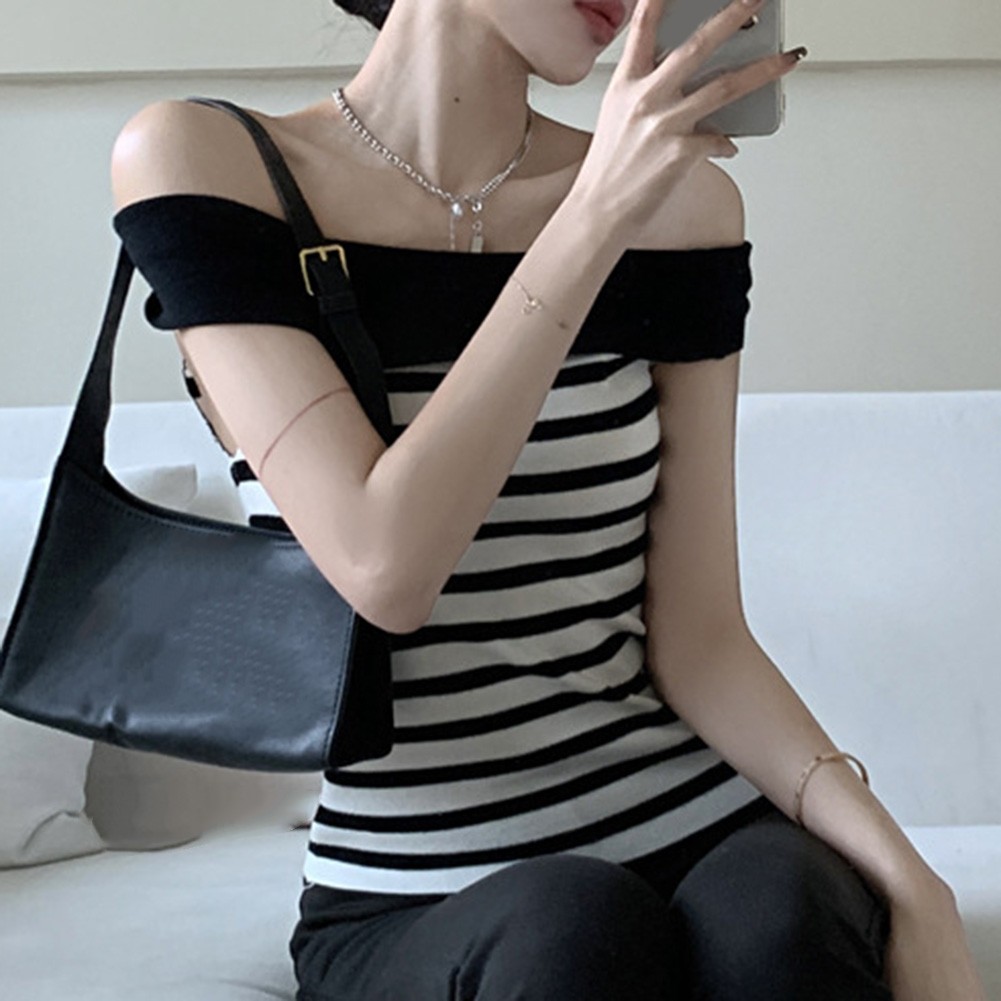 Chic Women Striped Slim Fit T Shirt with Off Shoulder Design for Casual Wear - Picture 23 of 36