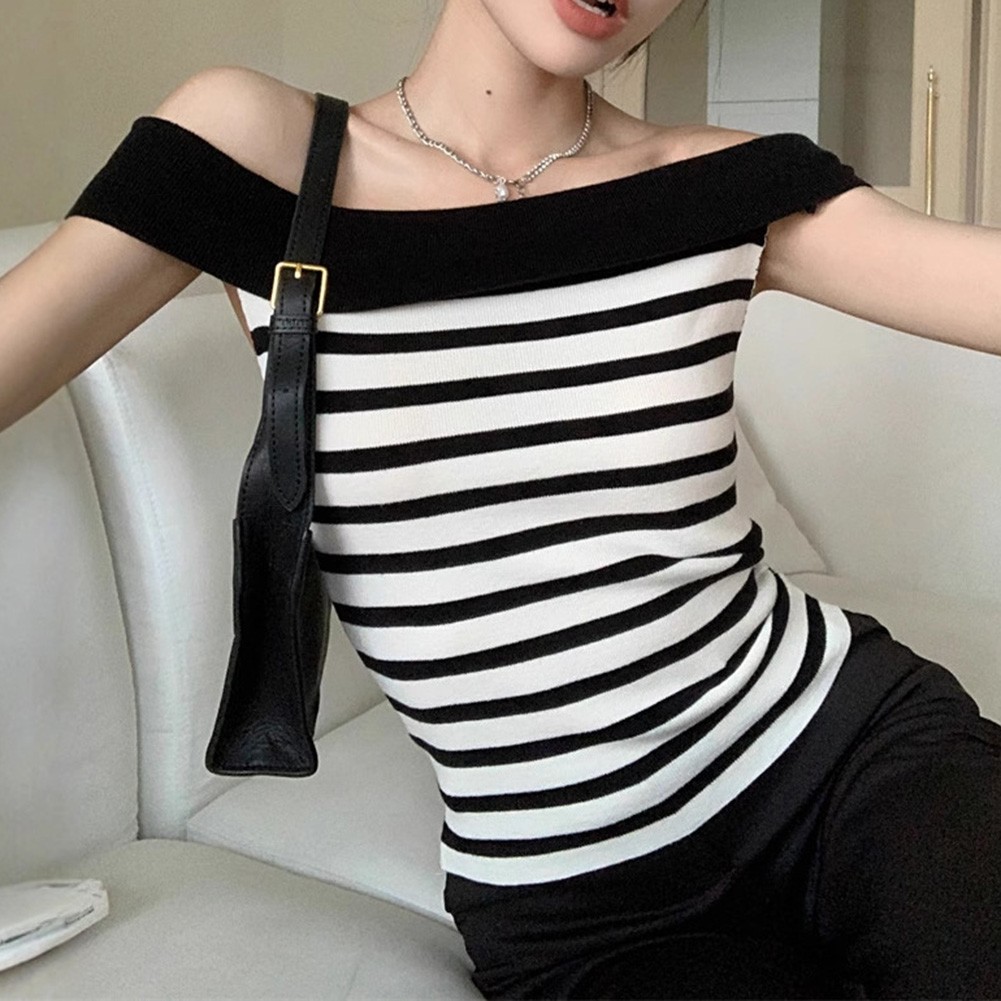 Chic Women Striped Slim Fit T Shirt with Off Shoulder Design for Casual Wear - Picture 21 of 36