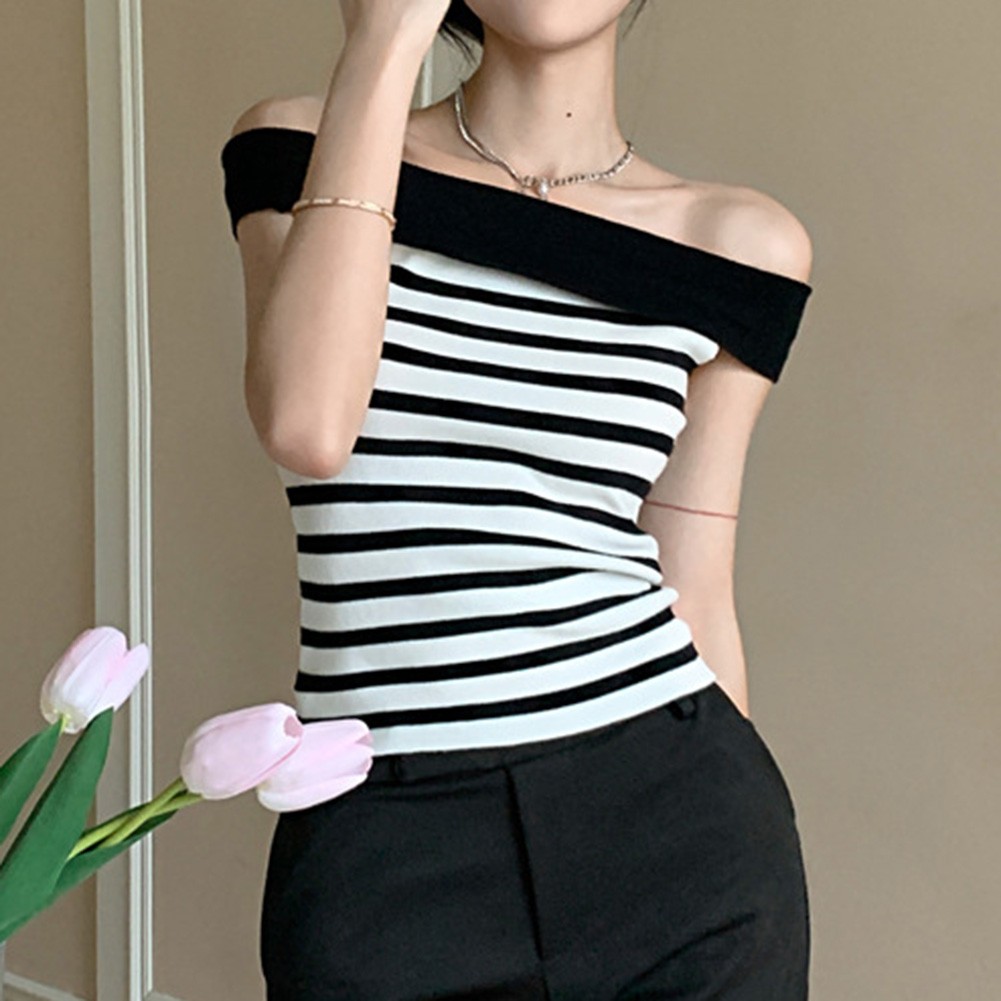 Chic Women Striped Slim Fit T Shirt with Off Shoulder Design for Casual Wear - Picture 20 of 36