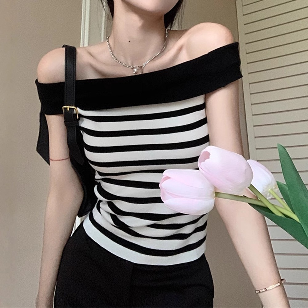 Chic Women Striped Slim Fit T Shirt with Off Shoulder Design for Casual Wear - Picture 26 of 36