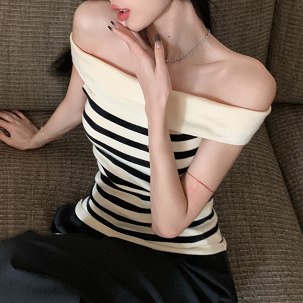 Chic Women Striped Slim Fit T Shirt with Off Shoulder Design for Casual Wear - Picture 36 of 36