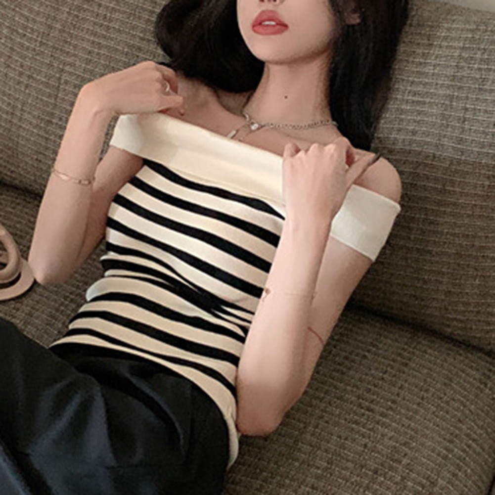 Chic Women Striped Slim Fit T Shirt with Off Shoulder Design for Casual Wear - Picture 33 of 36