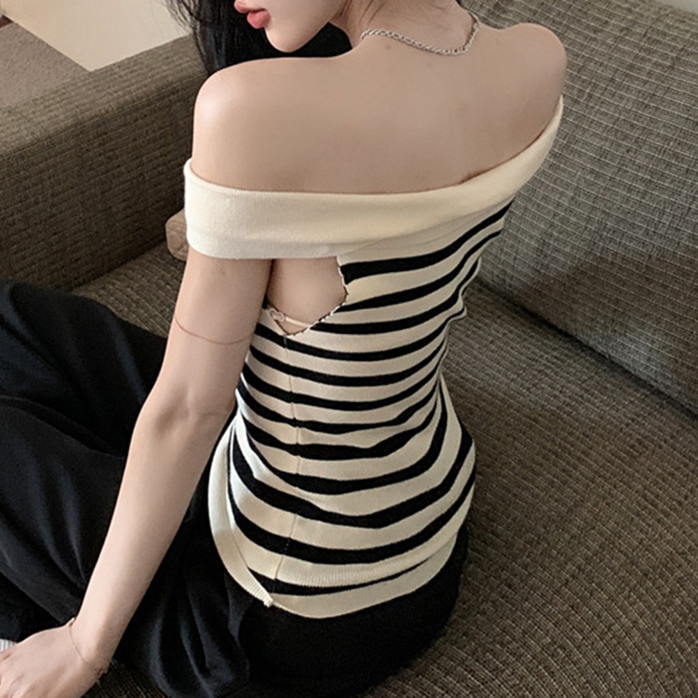 Chic Women Striped Slim Fit T Shirt with Off Shoulder Design for Casual Wear - Picture 29 of 36