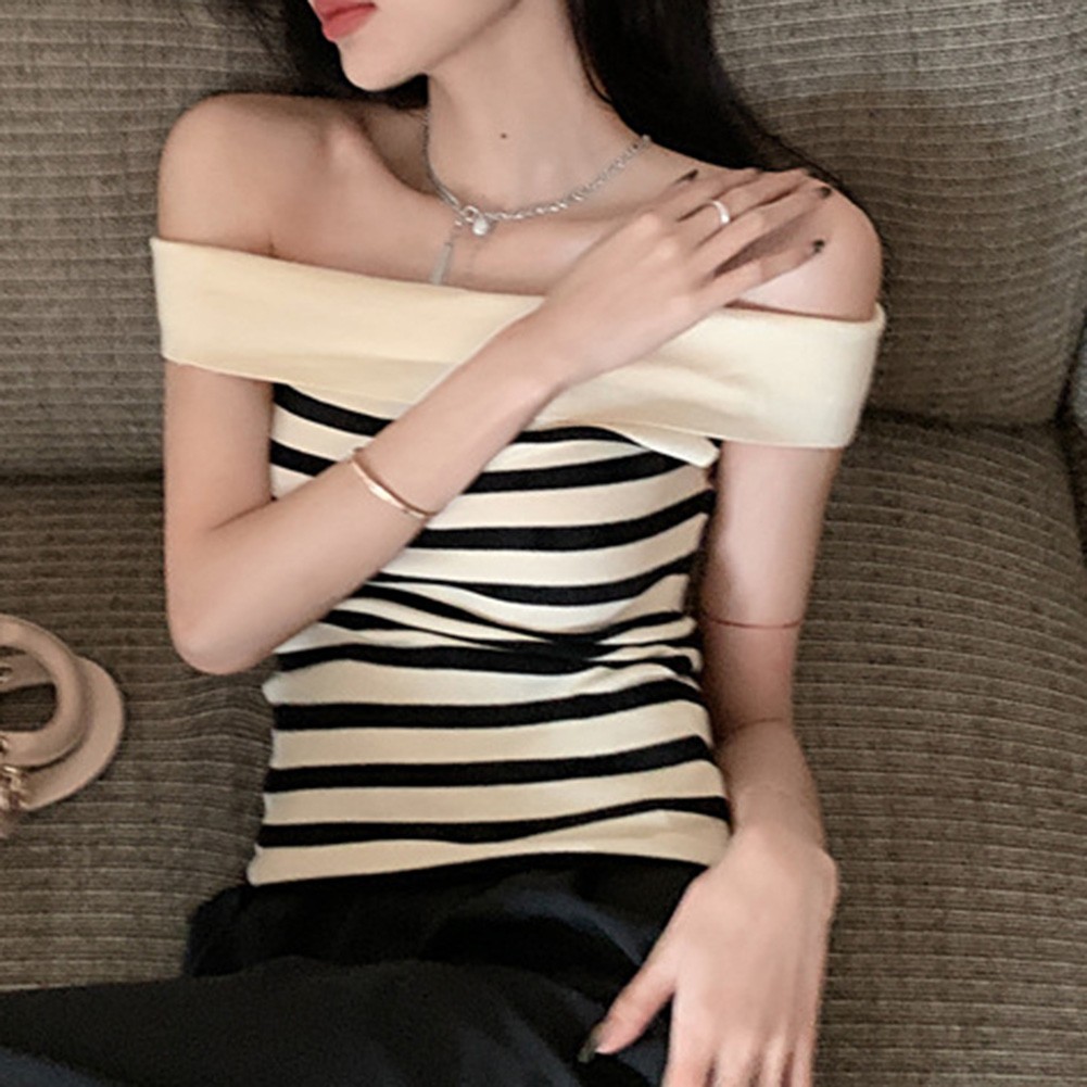 Chic Women Striped Slim Fit T Shirt with Off Shoulder Design for Casual Wear - Picture 30 of 36