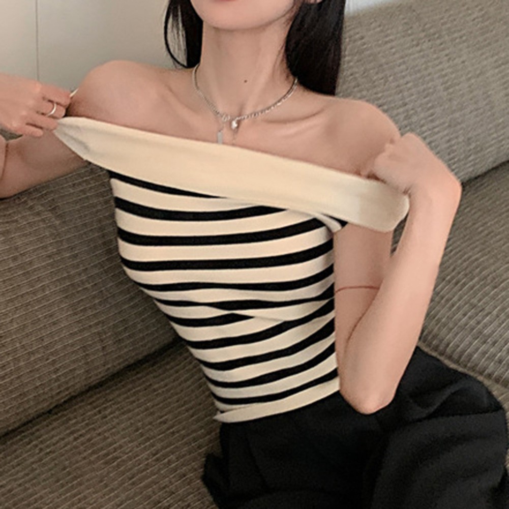 Chic Women Striped Slim Fit T Shirt with Off Shoulder Design for Casual Wear - Picture 34 of 36