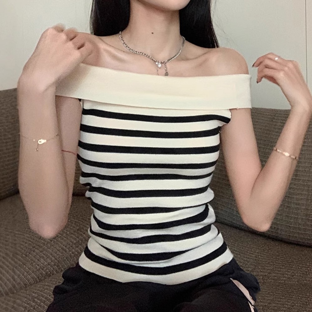 Chic Women Striped Slim Fit T Shirt with Off Shoulder Design for Casual Wear - Picture 28 of 36