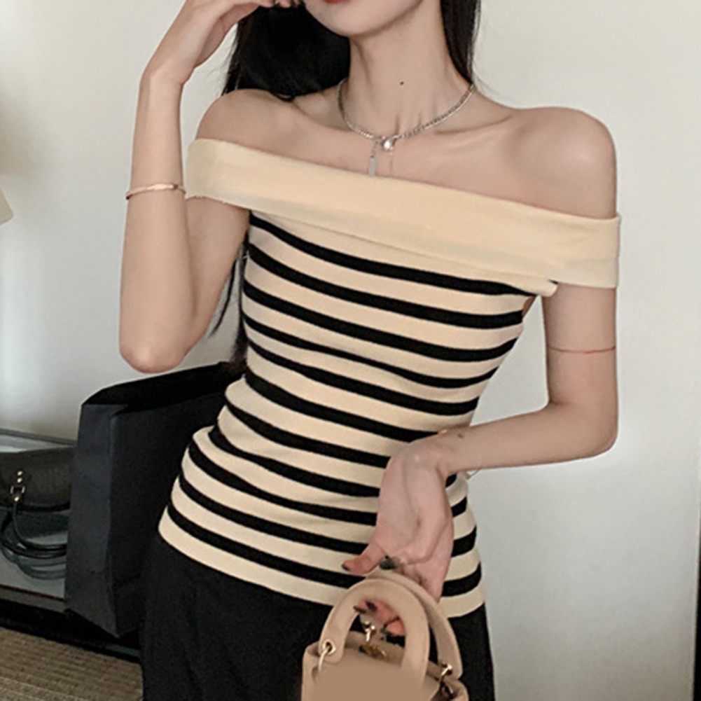 Chic Women Striped Slim Fit T Shirt with Off Shoulder Design for Casual Wear - Picture 31 of 36