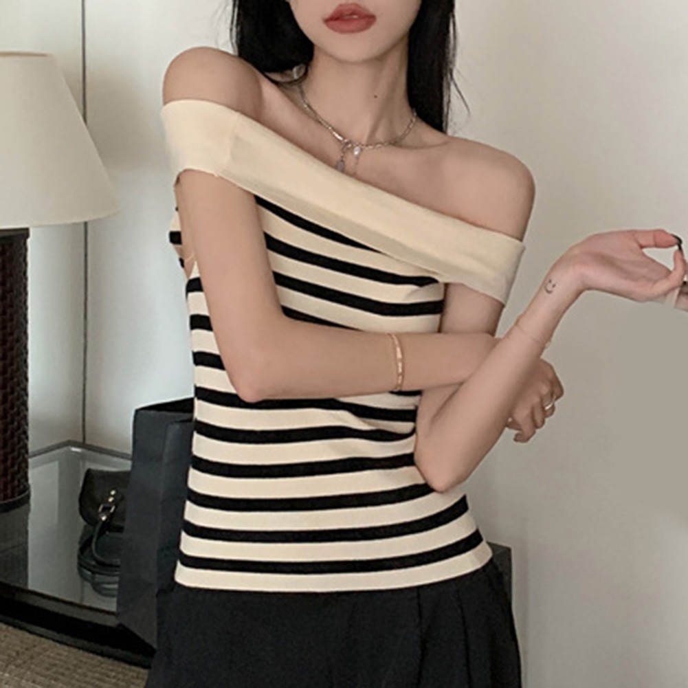 Chic Women Striped Slim Fit T Shirt with Off Shoulder Design for Casual Wear - Picture 32 of 36