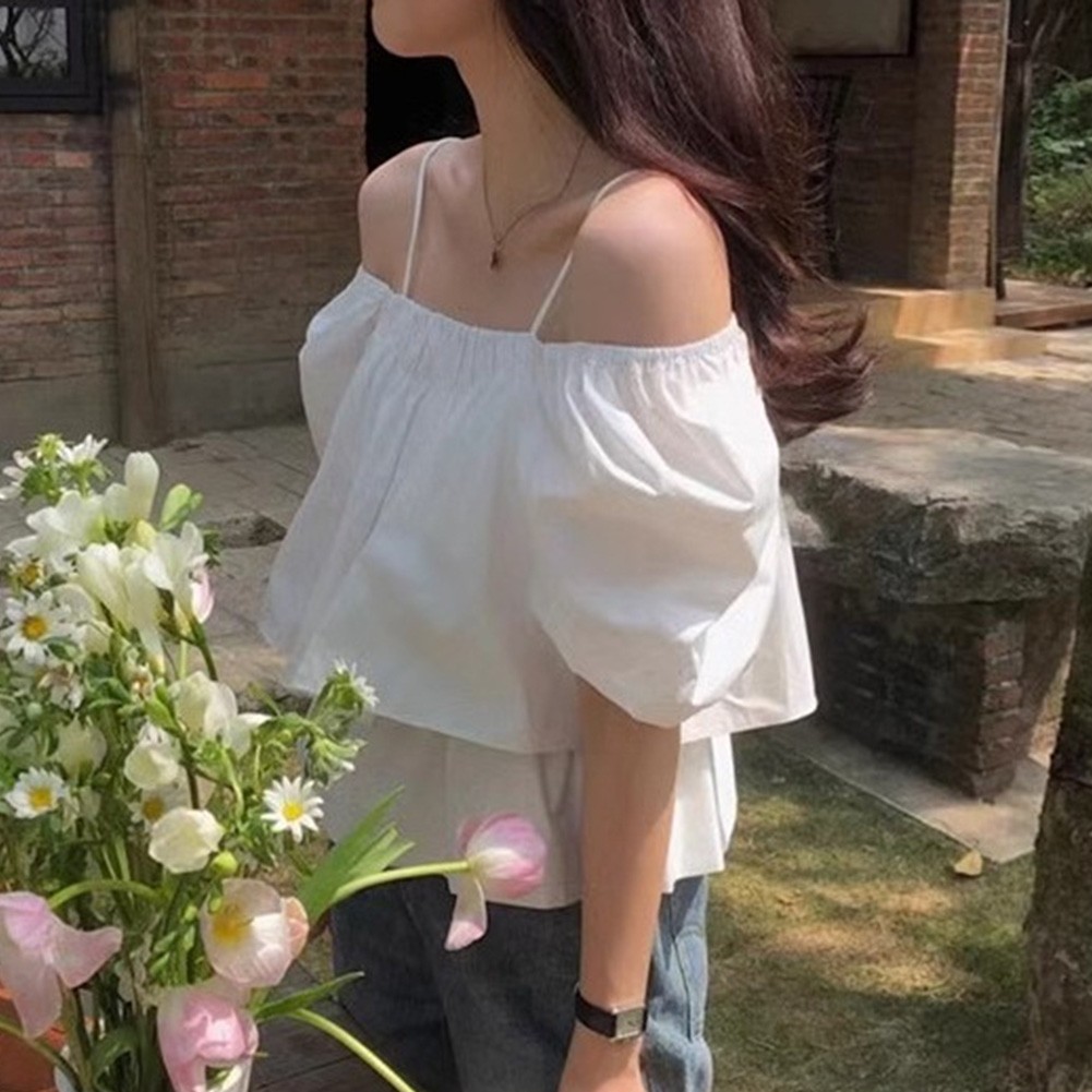 Women Elegant Off Shoulder Puff Sleeve T Shirt Perfect for Summer Fashion - Picture 13 of 21