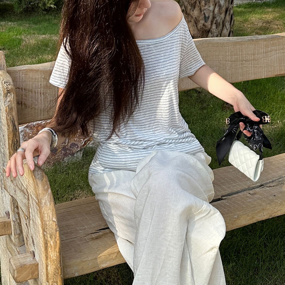 Women's T Shirt Featuring Lazy Oblique Shoulder Design for Spring and Summer - Picture 18 of 60
