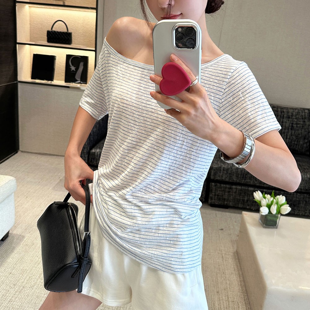 Women's T Shirt Featuring Lazy Oblique Shoulder Design for Spring and Summer - Picture 14 of 60