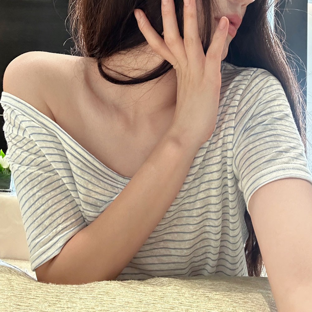 Women's T Shirt Featuring Lazy Oblique Shoulder Design for Spring and Summer - Picture 19 of 60