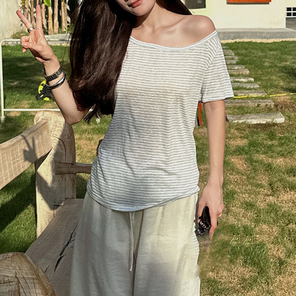 Women's T Shirt Featuring Lazy Oblique Shoulder Design for Spring and Summer - Picture 15 of 60