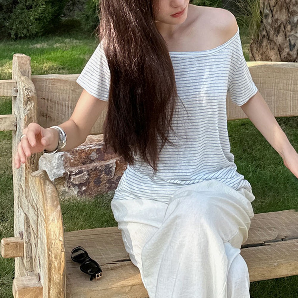 Women's T Shirt Featuring Lazy Oblique Shoulder Design for Spring and Summer - Picture 17 of 60