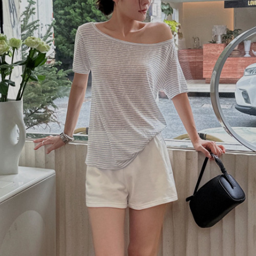 Women's T Shirt Featuring Lazy Oblique Shoulder Design for Spring and Summer - Picture 13 of 60