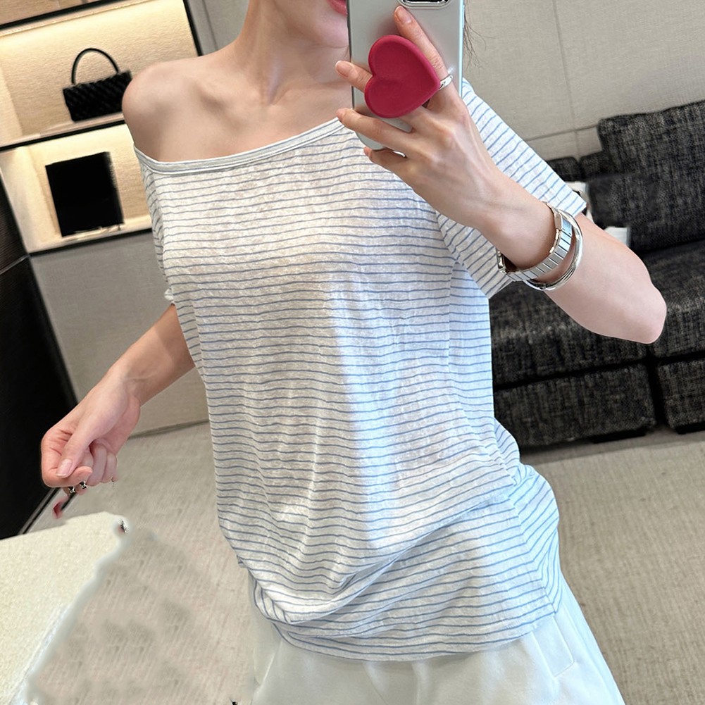 Women's T Shirt Featuring Lazy Oblique Shoulder Design for Spring and Summer - Picture 20 of 60