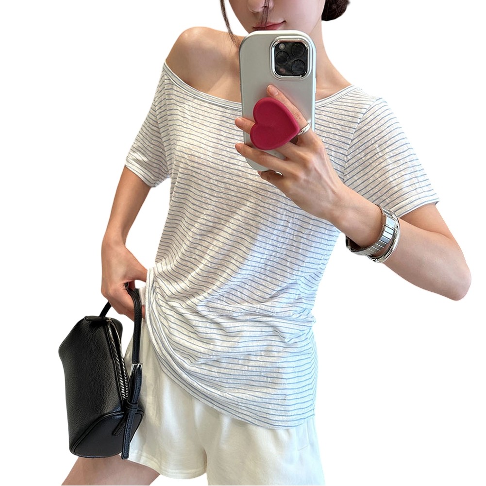 Women's T Shirt Featuring Lazy Oblique Shoulder Design for Spring and Summer - Picture 24 of 60