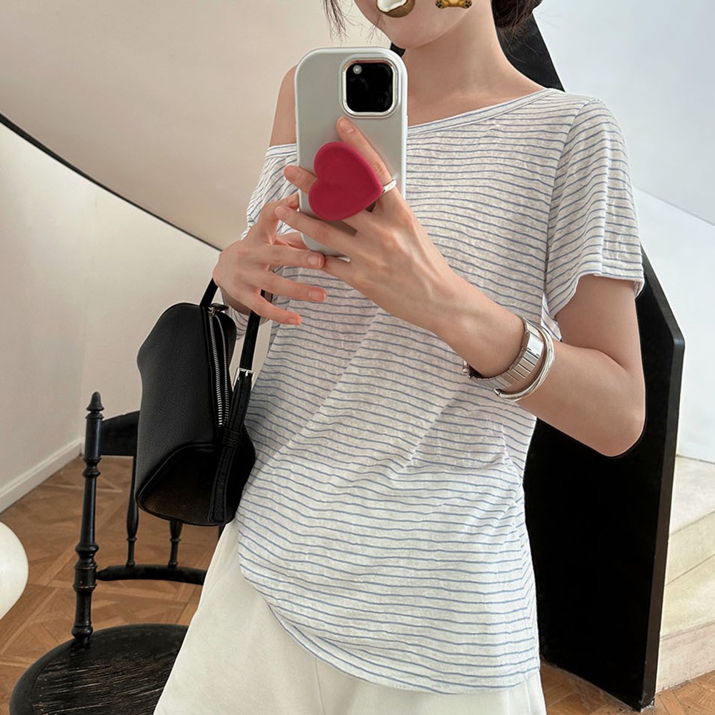 Women's T Shirt Featuring Lazy Oblique Shoulder Design for Spring and Summer - Picture 23 of 60