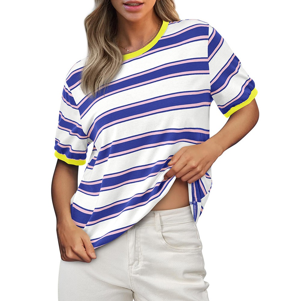 Damen gestreiftes T-Shirt mit kurzen Ärmeln und lockerem Design für den Alltag - Bild 56 von 68