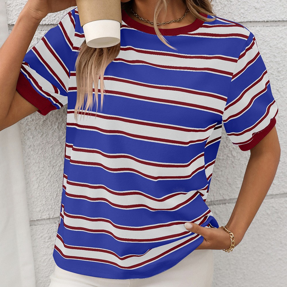 Damen gestreiftes T-Shirt mit kurzen Ärmeln und lockerem Design für den Alltag - Bild 67 von 68