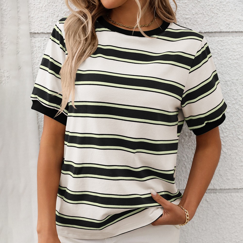 Damen gestreiftes T-Shirt mit kurzen Ärmeln und lockerem Design für den Alltag - Bild 37 von 68