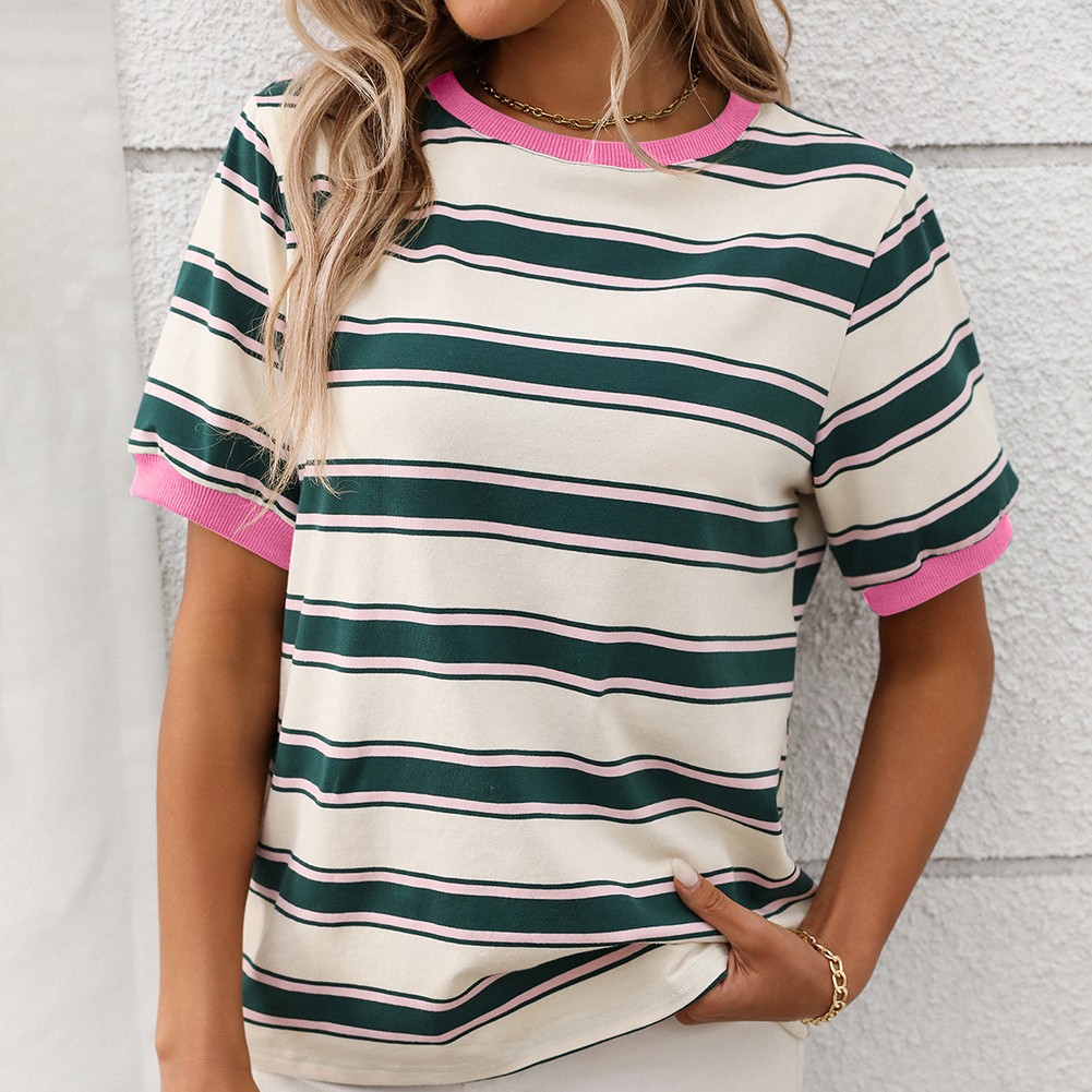 Damen gestreiftes T-Shirt mit kurzen Ärmeln und lockerem Design für den Alltag - Bild 31 von 68
