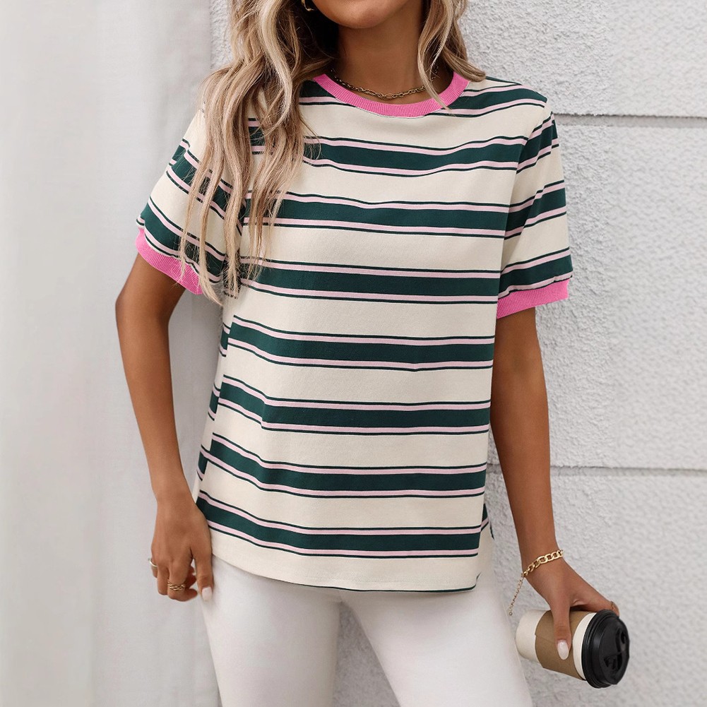 Damen gestreiftes T-Shirt mit kurzen Ärmeln und lockerem Design für den Alltag - Bild 32 von 68