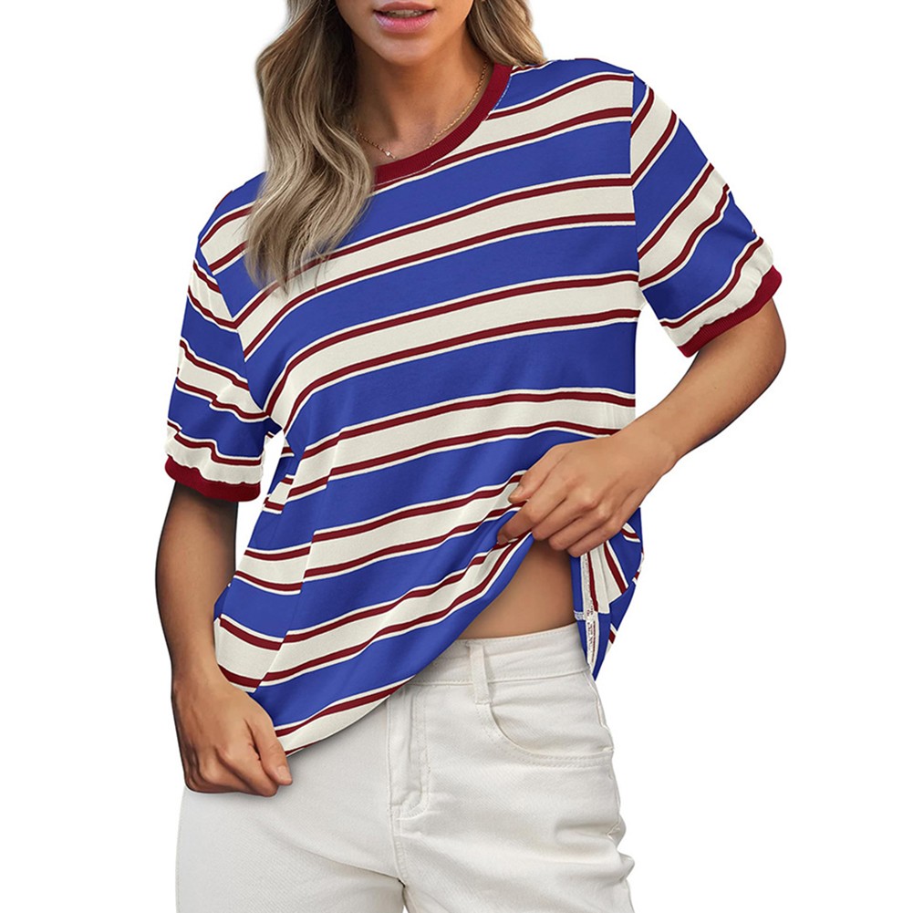 Damen gestreiftes T-Shirt mit kurzen Ärmeln und lockerem Design für den Alltag - Bild 65 von 68