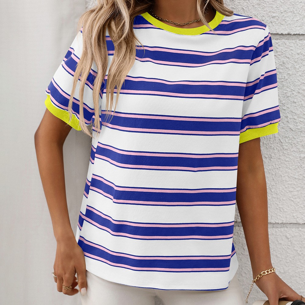 Damen gestreiftes T-Shirt mit kurzen Ärmeln und lockerem Design für den Alltag - Bild 52 von 68