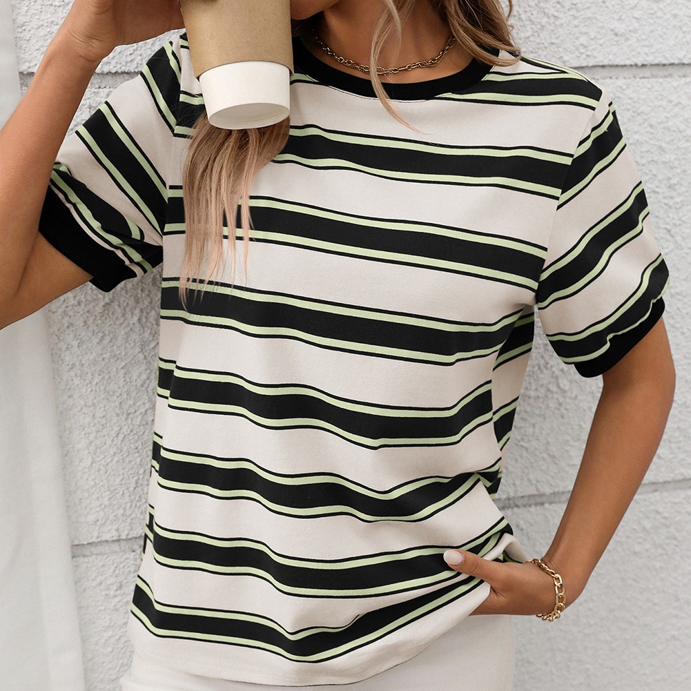 Damen gestreiftes T-Shirt mit kurzen Ärmeln und lockerem Design für den Alltag - Bild 43 von 68
